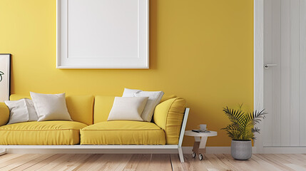 A modern living room features minimalist design with a pop of color, showcasing a lemon yellow couch and a white empty frame on the wall.