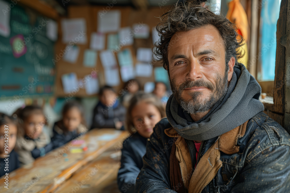 Poster educators implementing trauma-informed approaches in refugee education programs, addressing the psyc