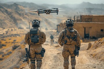 Two soldiers in the desert are flying drones equipped with cameras - obrazy, fototapety, plakaty