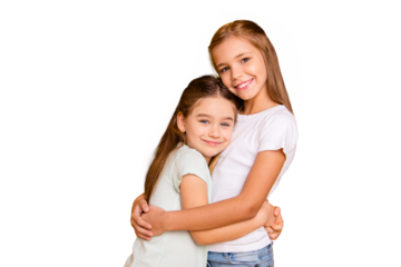 Portrait of two nice-looking cute adorable sweet attractive lovely pretty cheerful positive healthy straight-haired girls cuddling isolated over bright vivid shine yellow background