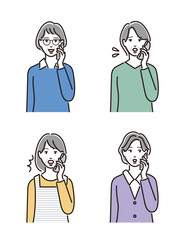 様々な表情で通話するシニア女性のセット