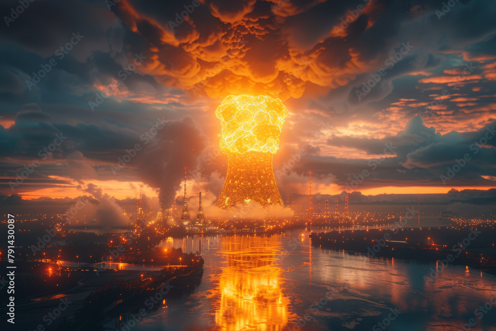 Poster tapping into atomic fission to release vast amounts of energy for various applications. concept of n