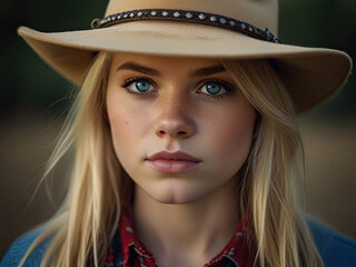 Close up Ffshion outdoor photo of beautiful sensual woman with blond hair in elegant clothes and cowboy hat. Cowgirl core trend.