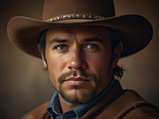 Portrait of a handsome cowboy in a western style. Men's beauty, fashion.
