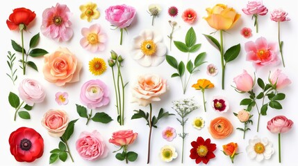 A vibrant and meticulously arranged selection of pressed flowers and greenery on a white background, showcasing natural beauty and botanical variety.