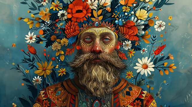 A man with a beard and a flower crown on his head