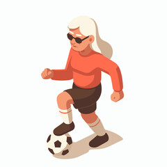 Fototapeta na wymiar Football Player Old Woman Isometric Minimal Cute Character, Wearing Headphones and Hold Game Controller, Cartoon Clipart Vector illustration, isolated on White background