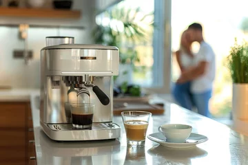 Rolgordijnen Koffiebar White coffee machine prepares latte coffee, couple hugging in the kitchen, love