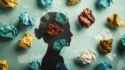 Silhouette of a head filled with crumpled paper symbolizes overthinking. AI generated - obrazy, fototapety, plakaty
