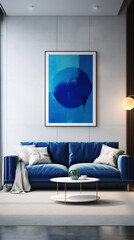 A modern living room boasts a sleek, minimalistic design, highlighted by a bold blue sofa and an empty white frame offering endless possibilities for decor.