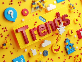 A vibrant and playful setup featuring the word 'Trends' in bold letters surrounded by social and digital icons on a bright yellow background.