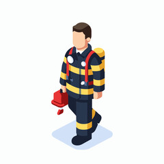 Firefighter Man Isometric Minimal Cute Character, Wearing Headphones and Hold Game Controller, Cartoon Clipart Vector illustration, isolated on White background