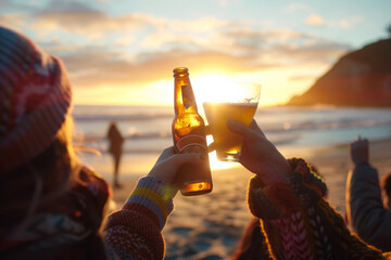 Silhouette of a group of friends having a party on a beach at sunset drinking beer