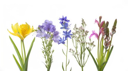 A Vibrant Collection Of Various Colorful Meadow Flowers Arranged on a White Background. Presenting unique shapes and colors, meticulously arranged to highlight their natural beauty.