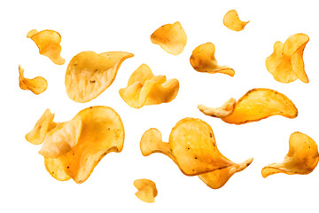Naklejka premium Dynamic image of crispy golden potato chips in air isolated on transparent background