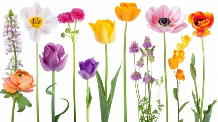 Fototapeta premium A Vibrant Collection Of Various Colorful Meadow Flowers Arranged on a White Background. Presenting unique shapes and colors, meticulously arranged to highlight their natural beauty.