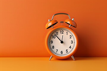 alarm clock on orange background Minimalistic flat lay,with copy space for photo text or product, blank empty copyspace banner about time management and selfamplement concept.  - obrazy, fototapety, plakaty