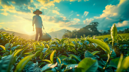 A view of a tea picker in traditional clothes picking tea leaves on a warm sunny day on a large tea plantation. Eco-friendly harvesting
