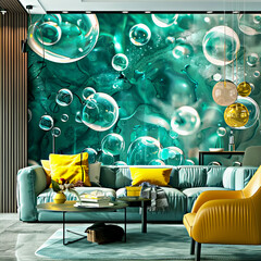 Modern room with aqua wallpaper. Stylish living space becomes an underwater dream, where translucent bubbles add playful touch, combining modern design with touch of fantasy