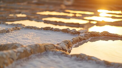 Artistic shot of salt pan, shimmering reflections, golden hour lighting, focus on texture