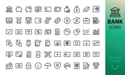 Bank isolated icons set. Set of bank bulding, mobile banking, piggy bank, savings, atm, safe, finance, credit card, payment, corporate account, money exchange vector icon