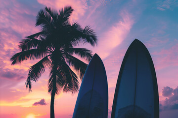 Silhouette of surfboards on a beach with tropical palm tree against a sunset sky