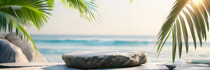 Flat stone in front of bright tropical beach background