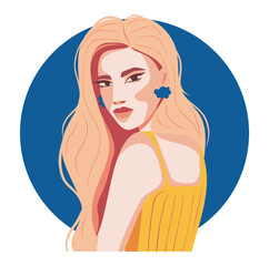 Beautiful vector flat illustration blonde, girl woman white skin on a bright blue background, avatar icon for social networks.