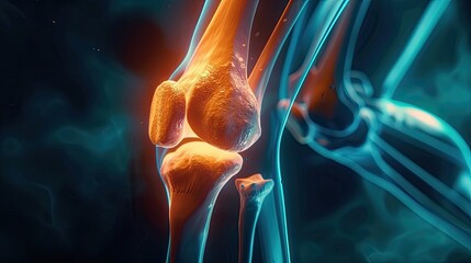 An X-ray image showcasing the internal structure of the human knee joint, highlighting the intricate interplay of bones, cartilage, and ligaments that enable stability and mobility. - obrazy, fototapety, plakaty