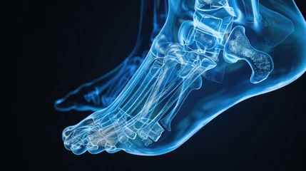 Fotobehang An X-ray image showcasing the internal anatomy of the human ankle, highlighting the intricate network of bones, ligaments, and tendons that provide stability and support for the foot. © Khalif
