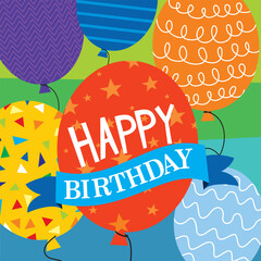 Birthday card design with colorful balloons and text