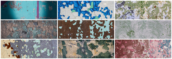 Set of peeling paint textures. Old concrete walls with cracked flaking paint. Weathered rough painted surfaces with patterns of cracks and peeling. Collection of wide panoramic backgrounds for design. - 791431841