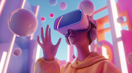 An anime character wearing a VR glasses headset interacts with virtual objects