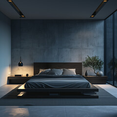 **A minimalist designed bedroom, shot in the middle of the night with a cinematic vision 