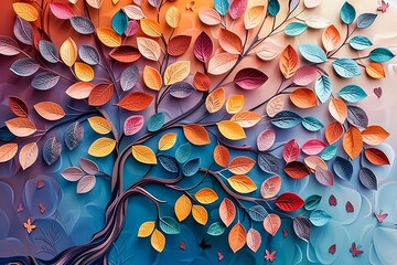 Colorful tree with leaves on hanging branches illustration background. 3d abstraction interior mural wall art decor, Generative AI