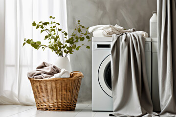 Modern laundry room featuring white washing machine, wicker basket with linens, and vase of fresh greenery against soft gray backdrop, conveying sense of calm and cleanliness