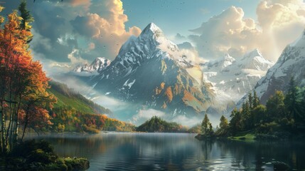 Mountain, trees, lake reflection; distant mountain backdrop - obrazy, fototapety, plakaty