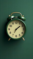 alarm clock on Green background Minimalistic flat lay,with copy space for photo text or product, blank empty copyspace banner about time management and selfamplement concept. 