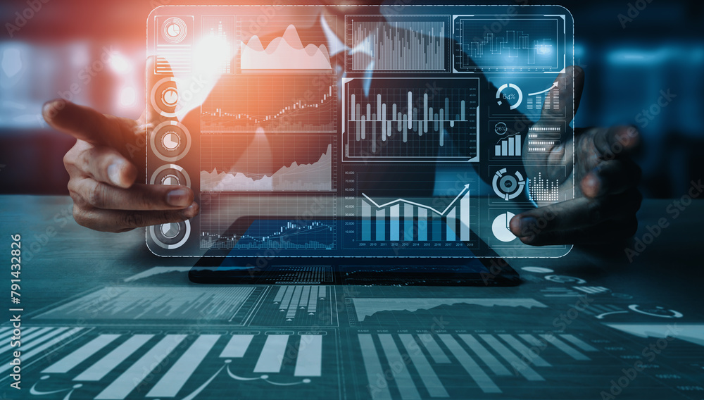 Poster big data technology for business finance analytic concept. modern interface shows massive informatio