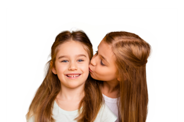Close-up portrait of two nice adorable attractive lovely sweet cheerful cheery positive girlish girls having fun kissing care support trust isolated over bright vivid shine yellow background