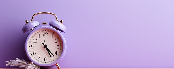 alarm clock on lavender background Minimalistic flat lay,with copy space for photo text or product, blank empty copyspace banner about time management and selfamplement concept. 