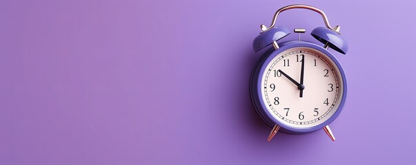 alarm clock on lavender background Minimalistic flat lay,with copy space for photo text or product, blank empty copyspace banner about time management and selfamplement concept. 