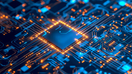 Advanced AI circuit board with AI logo in a photorealistic style