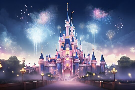 Magic Fairy Tale Castle with Fireworks in the sky at night background