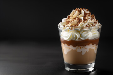 Coffee with whipped cream in a glass on a black background