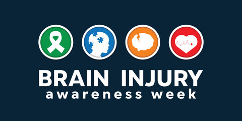 Brain Injury Awareness Week. Ribbon, human, brain and heart. Great for cards, banners, posters, social media and more. Dark blue background. 