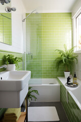 A modern bathroom with crisp, white tiles and pops of vibrant green, offering copy space for a refreshing oasis.