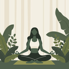 Silhouette of Woman Sitting is Practicing Yoga Meditation with Green Leaves Background
