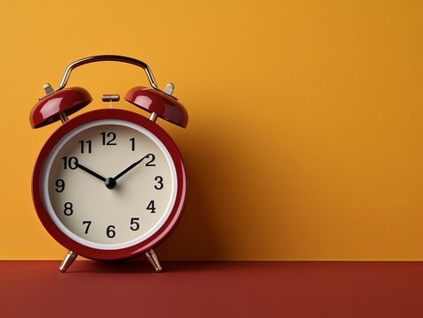 alarm clock on Maroon background Minimalistic flat lay,with copy space for photo text or product, blank empty copyspace banner about time management and selfamplement concept. 