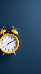 alarm clock on Navy Blue background Minimalistic flat lay,with copy space for photo text or product, blank empty copyspace banner about time management and selfamplement concept. 